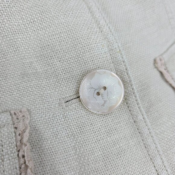 Intuitions Cropped Blazer 2 Natural Linen Lace Trim Floral Buttons Cottagecore - Picture 7 of 13